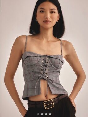 Anthropologie Plaid Lace-Up Corset Top - Gray